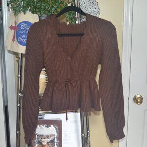 Cocoa Ribbed Peplum Knit V-Neck Sweater